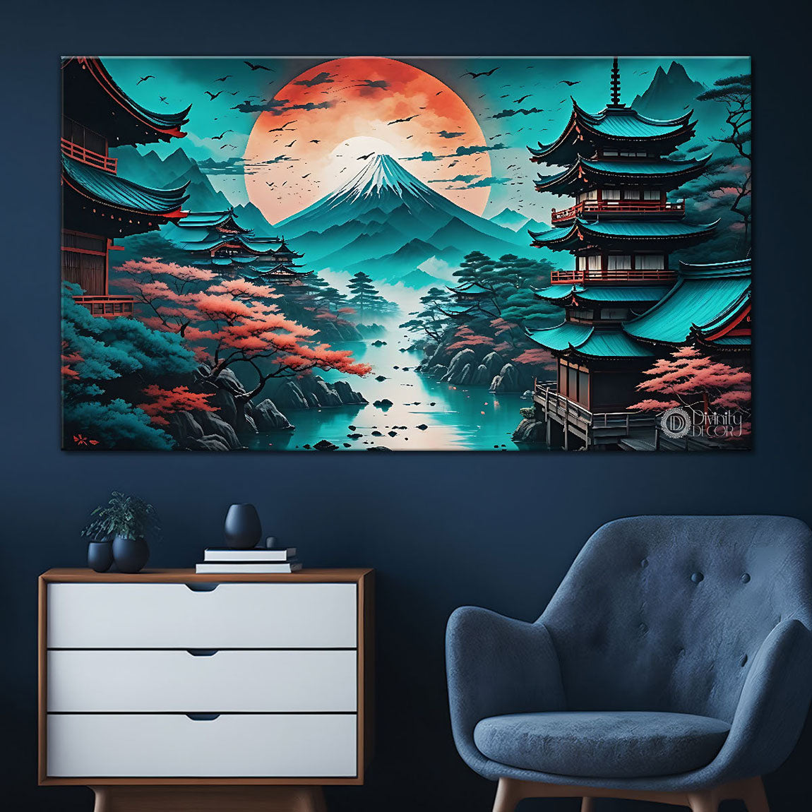 Mountains Japanese style house in textured natural art Canvas Painting - Nature Art -75