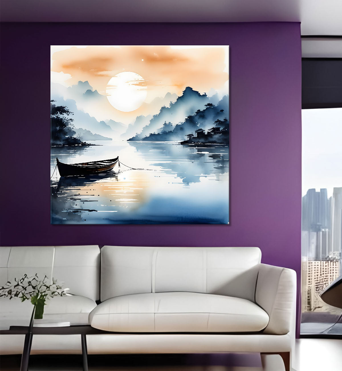 Mountains and the river with tree water colour painting 24X24- Nature Art -S-75