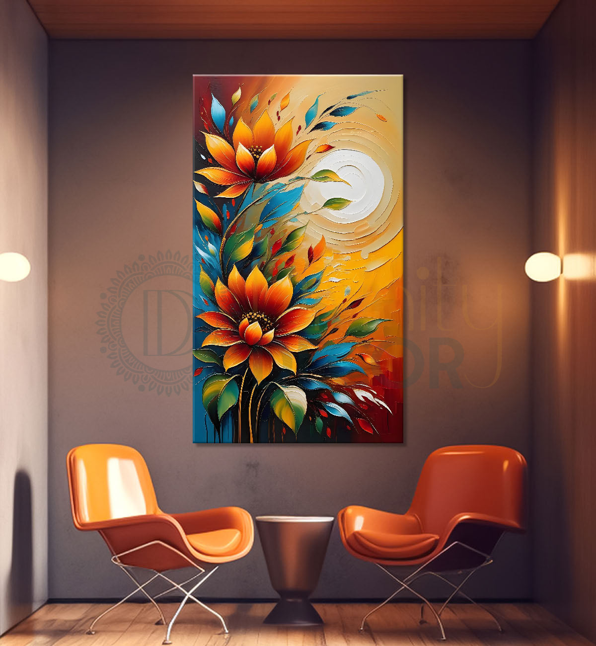 Orange flowers with the sunrise textured painting- Flower-V-75