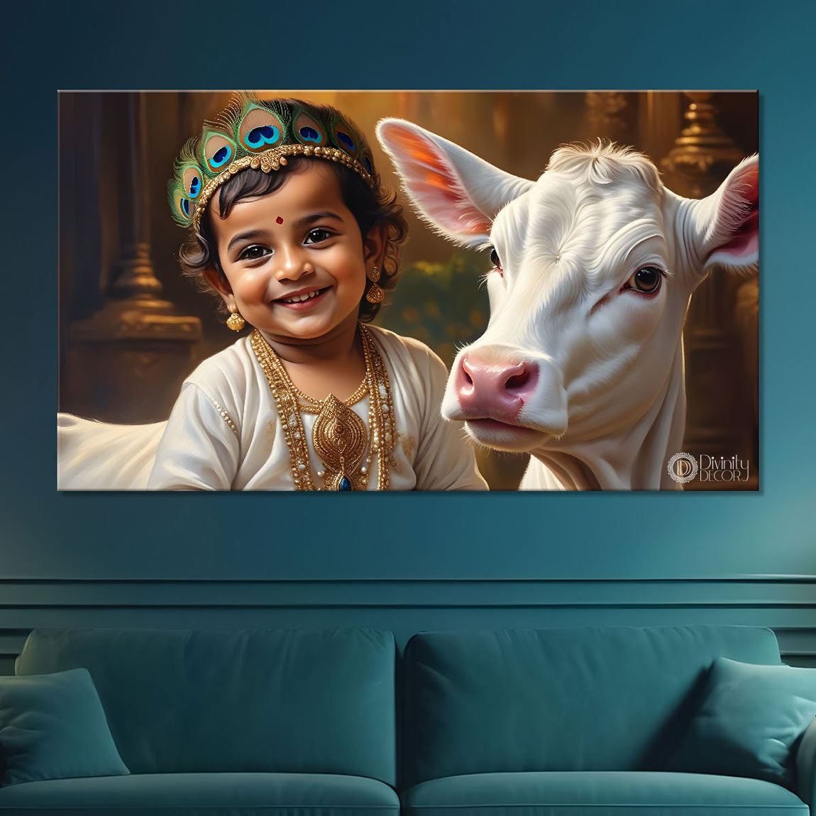 Little Krishna with baby cow painting Canvas Painting - Design - Krishna-75