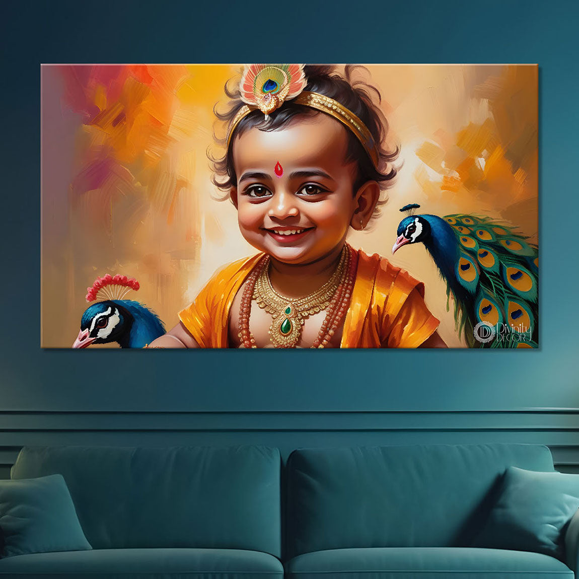 Baby with peacock painting Canvas Painting - Design - Krishna-76