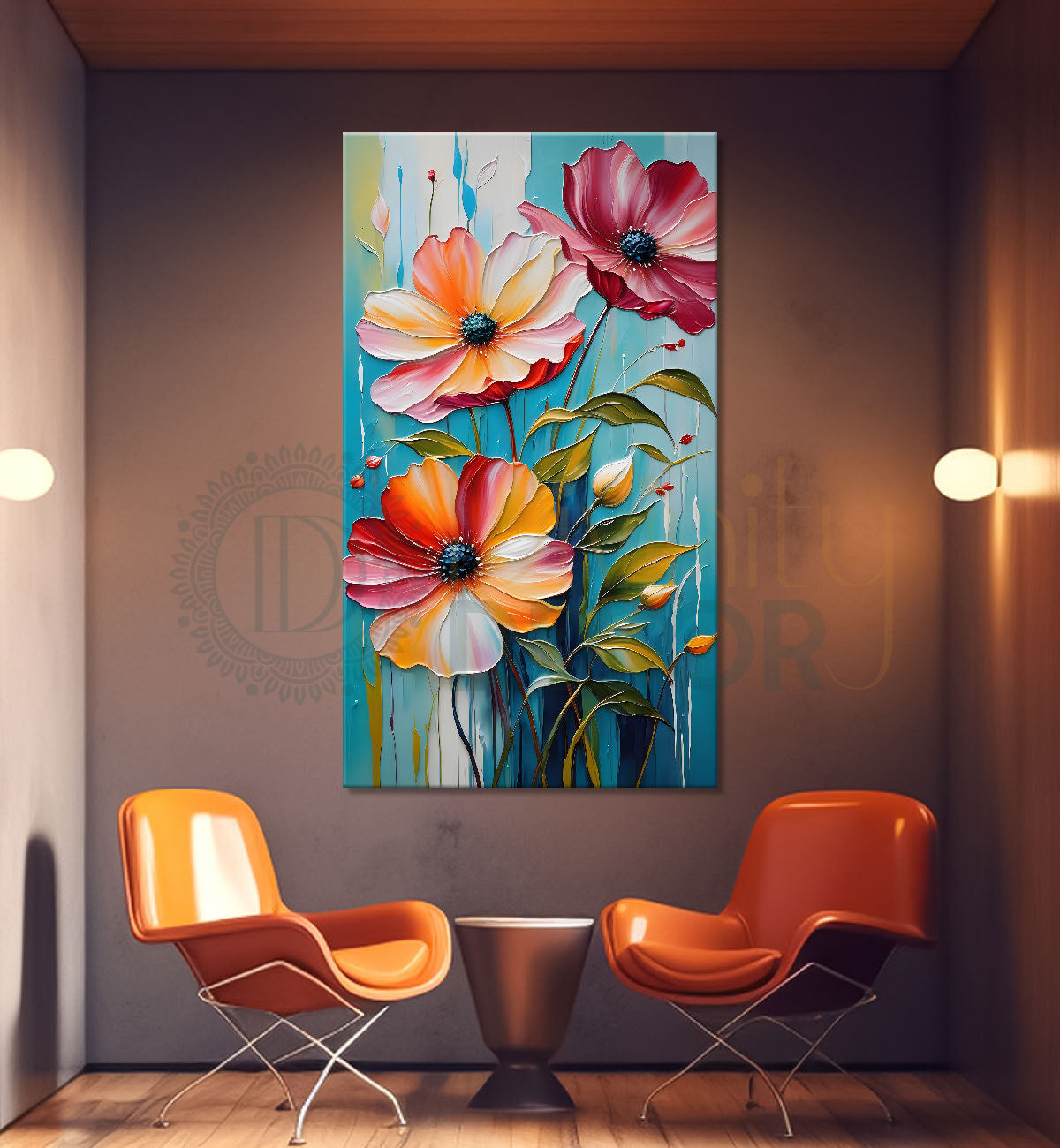 Colourful flowers in grey textured background painting - Flower-V-76