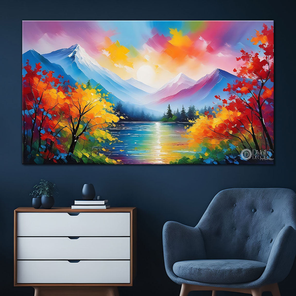 Mountains with river and colorful trees in textured art Canvas Painting - Nature Art -76