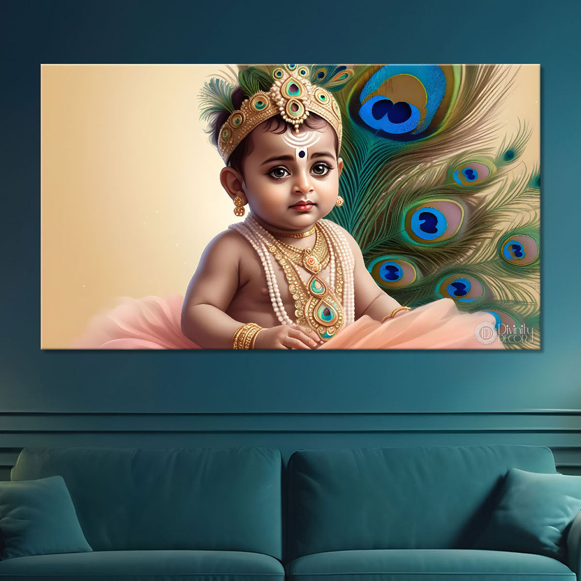 Baby with peacock feathers painting Canvas Painting - Design - Krishna-77