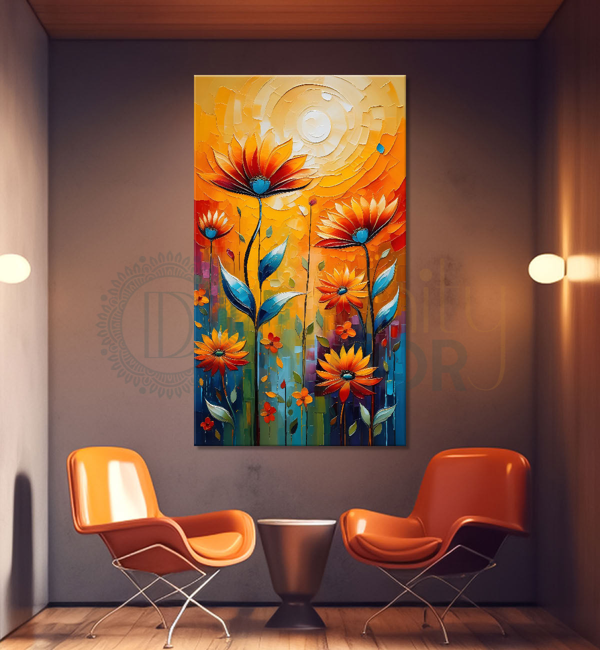 Orange flowers in orange textured background painting - Flower-V-77