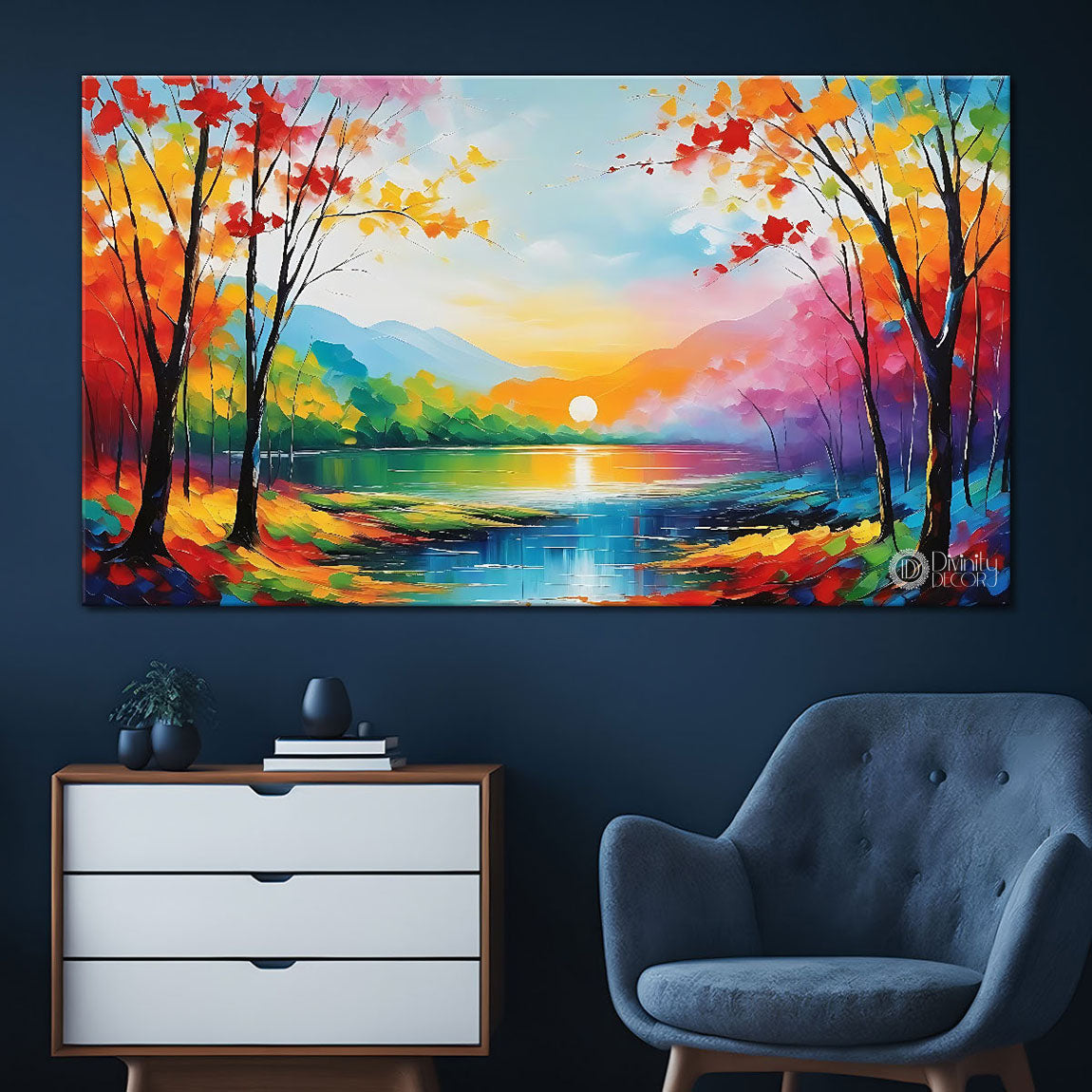 Lake with colorful trees in textured scenery painting Canvas Painting - Nature Art -77