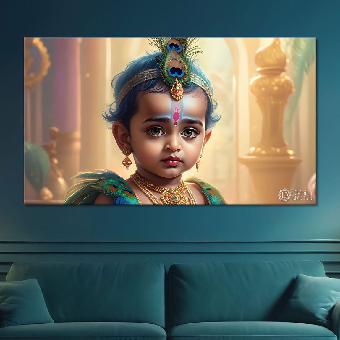 Baby with peacock feather crown painting Canvas Painting - Design - Krishna-78