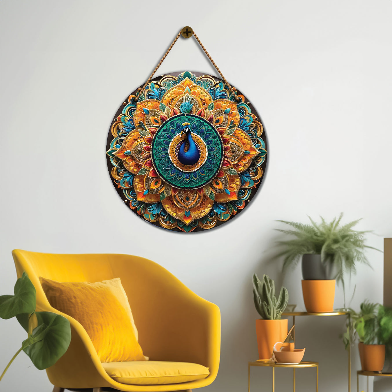 Peacock in orange and green mandala Round Wooden Wall Hanging for wall Décor - Design - 78