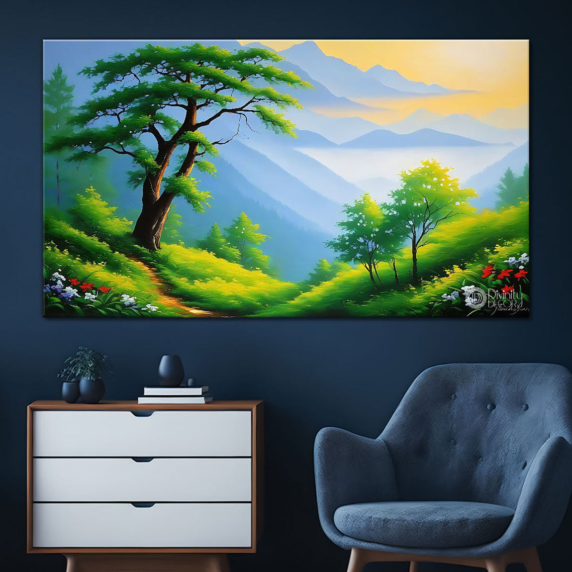 Mountains with greenery in textured painting Canvas Painting - Nature Art -78