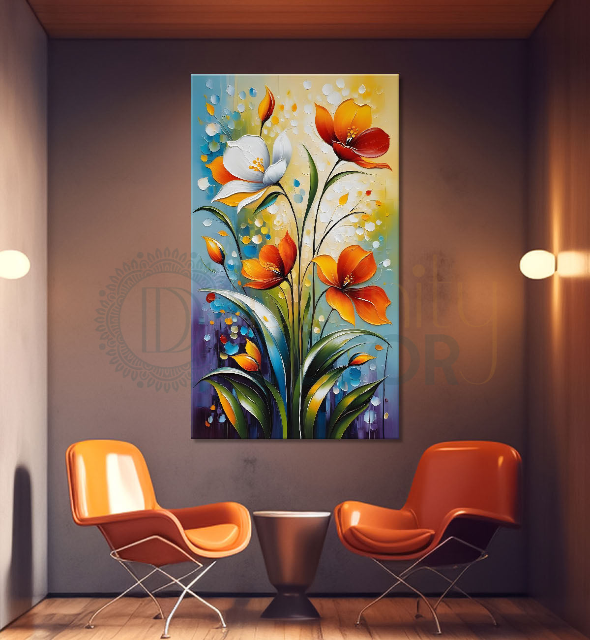 Orange and white flowers in blue textured background painting - Flower-V-78
