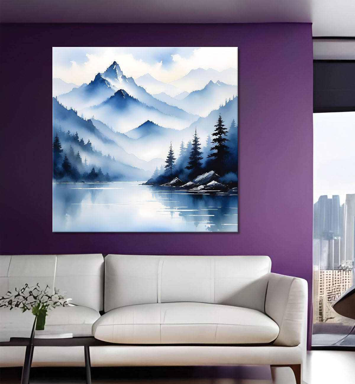 Mountains and the river with tree water colour painting 24X24- Nature Art -S-78
