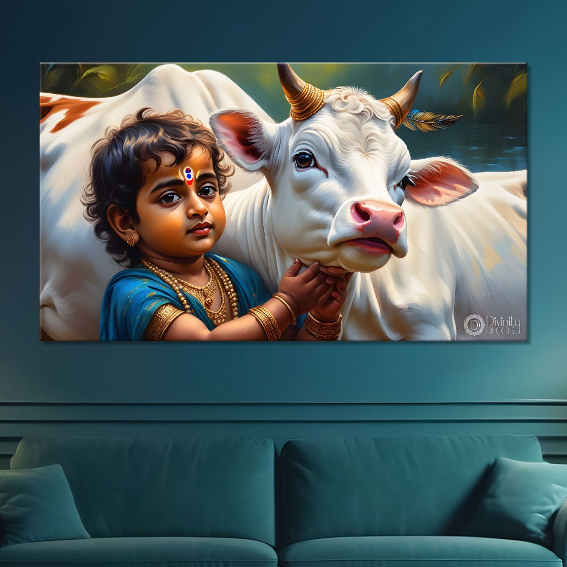 Little Krishna with baby cow painting Canvas Painting - Design - Krishna-79