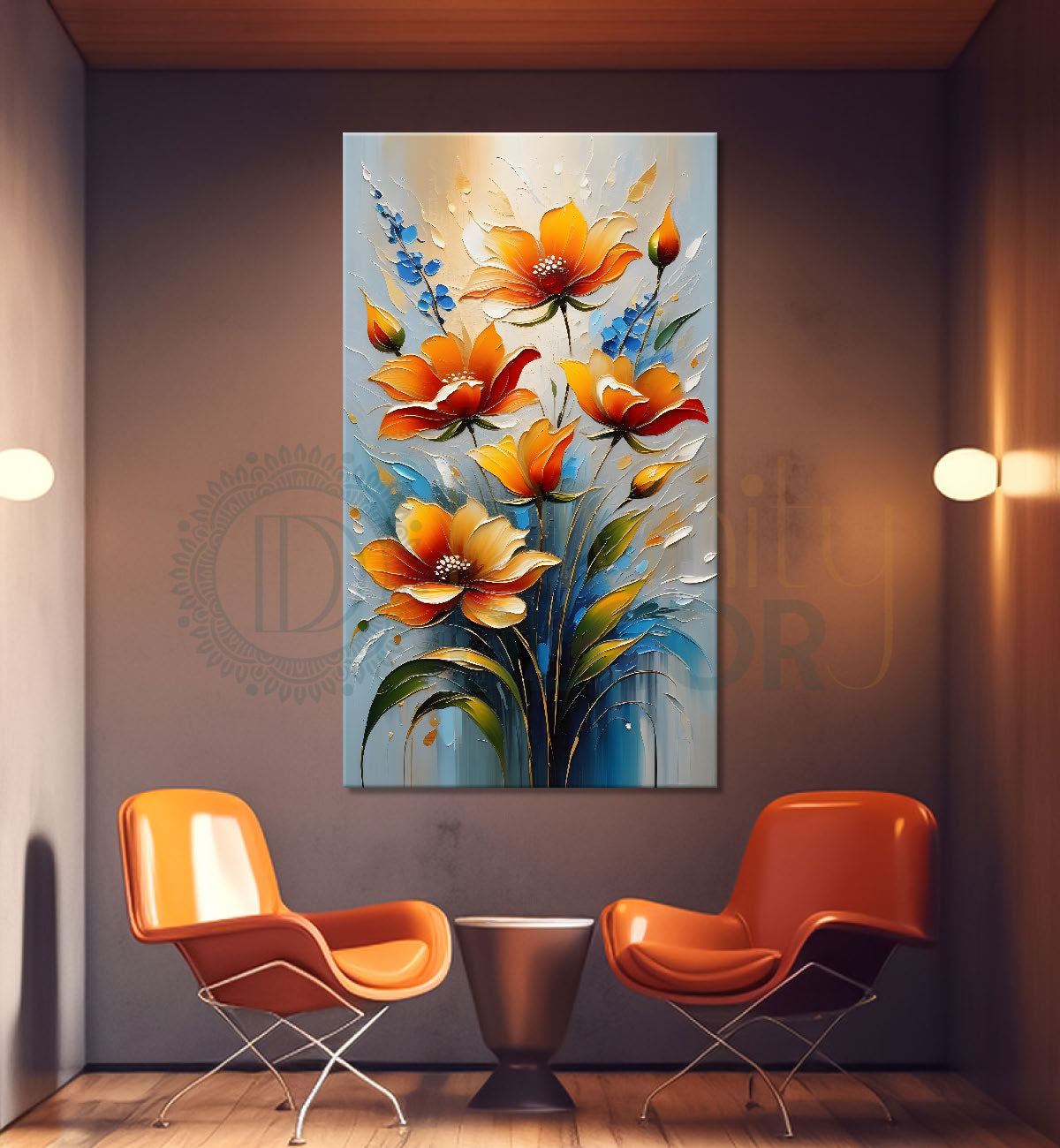 Orange flowers in grey textured background painting - Flower-V-79