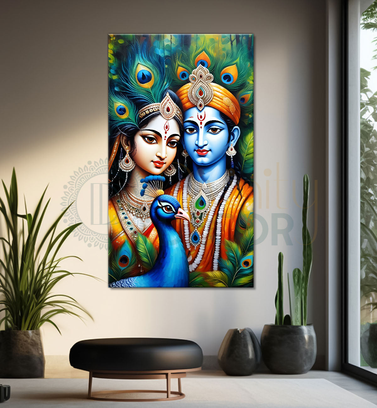 Blue face of krishna with radha in peacock feathers background textured art Canvas Painting - Design - Krishna-V-7