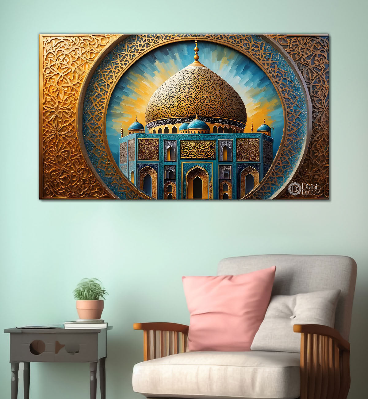 Islamic mosque in golden and aqua color painting Canvas Painting - Islamic paintings - 8