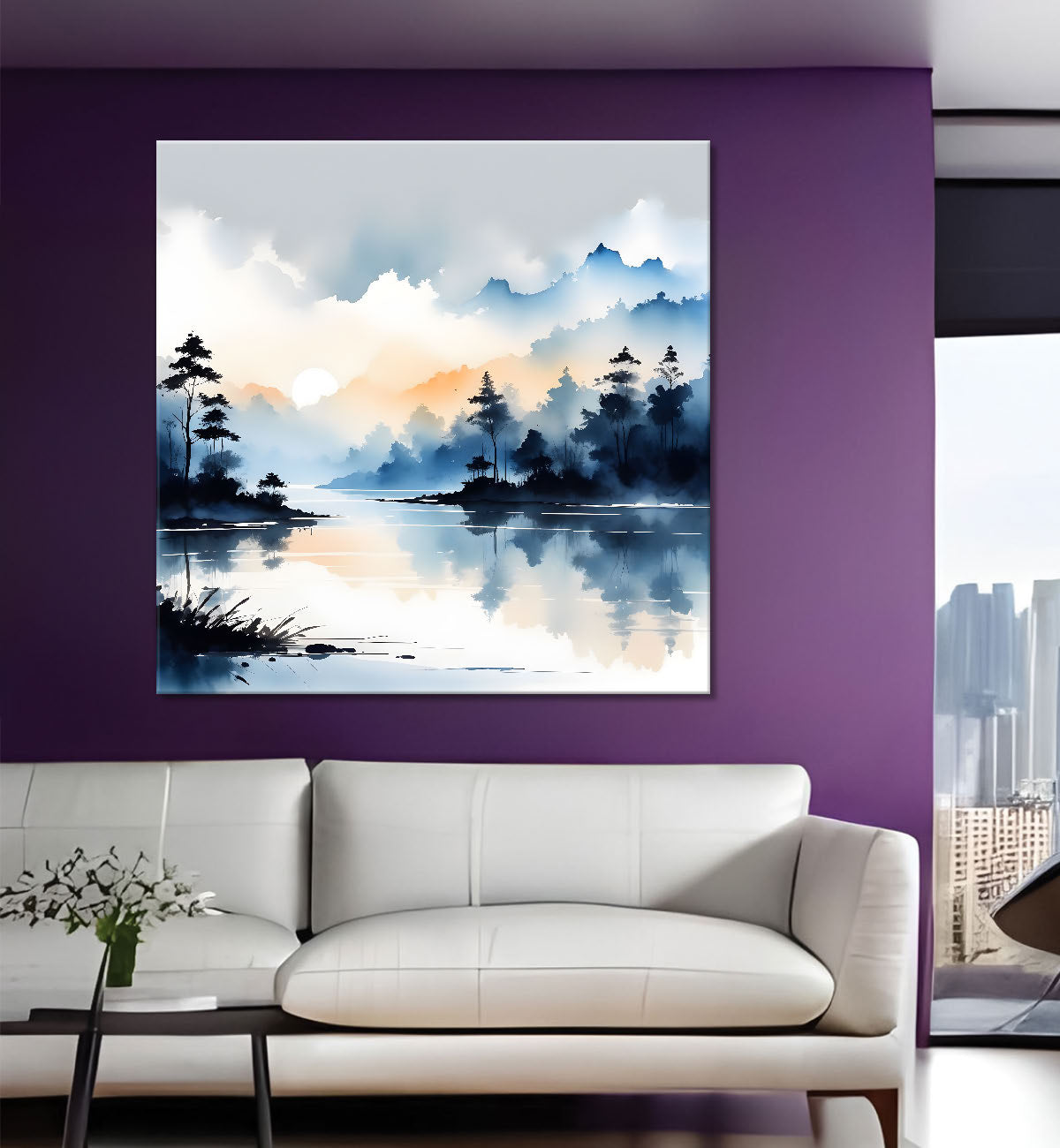 Mountains and the river with tree water colour painting 24X24- Nature Art -S-80
