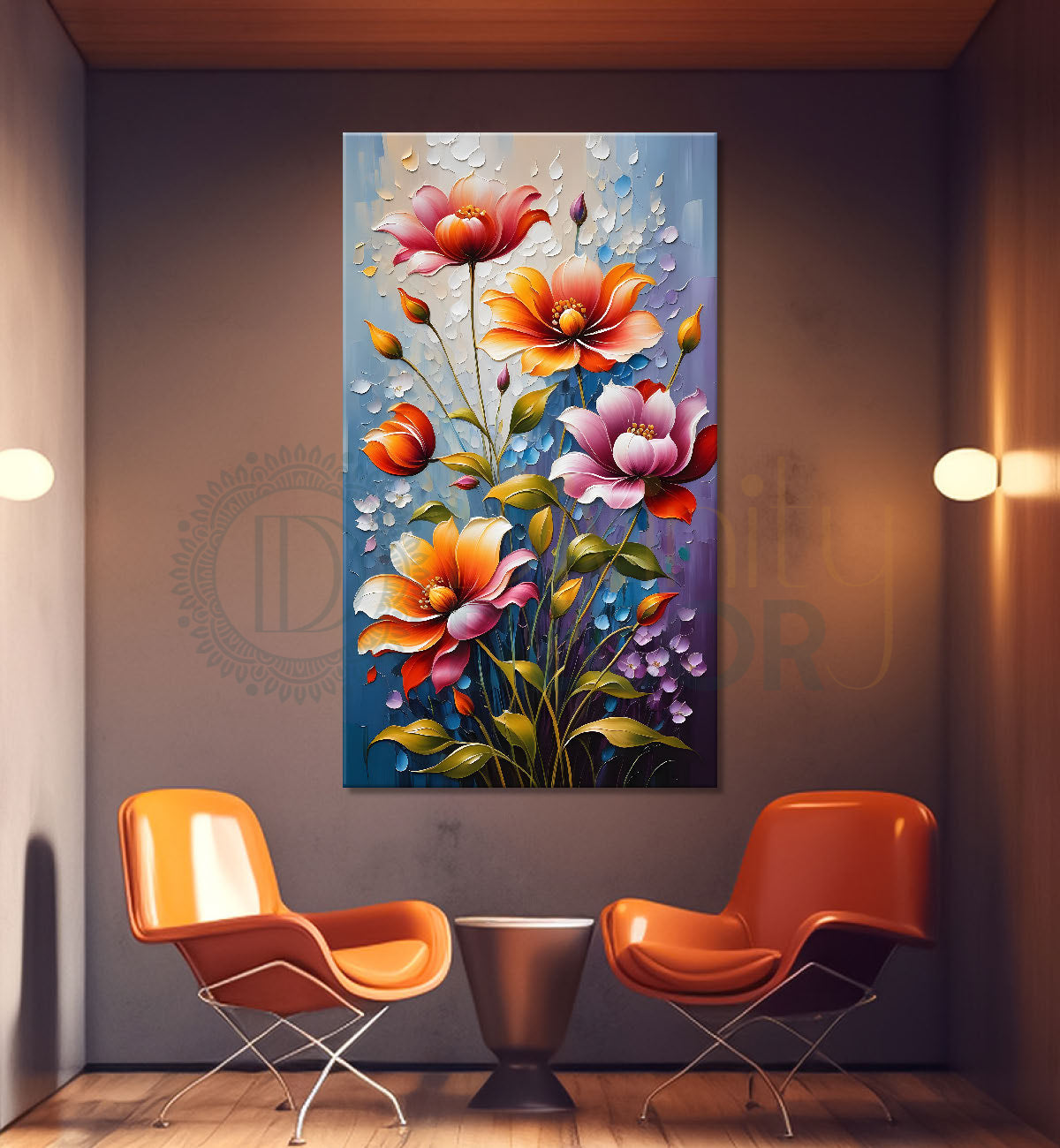 Orange and purple flowers in grey textured background painting - Flower-V-80
