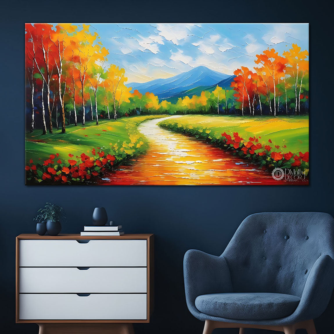 Mountains with greenery and colorful trees in textured painting Canvas Painting - Nature Art -80