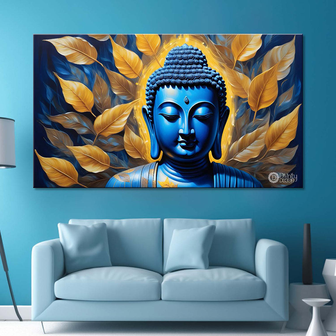 Blue buddha with yellow leaves painting Canvas Wall Painting - Buddha-80