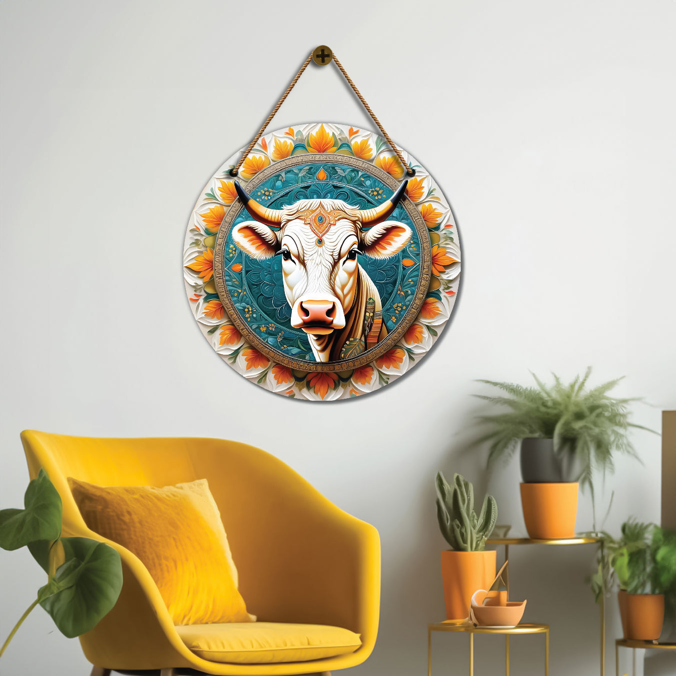 Cow in blue and orange mandala Round Wooden Wall Hanging for wall Décor - Design - 80