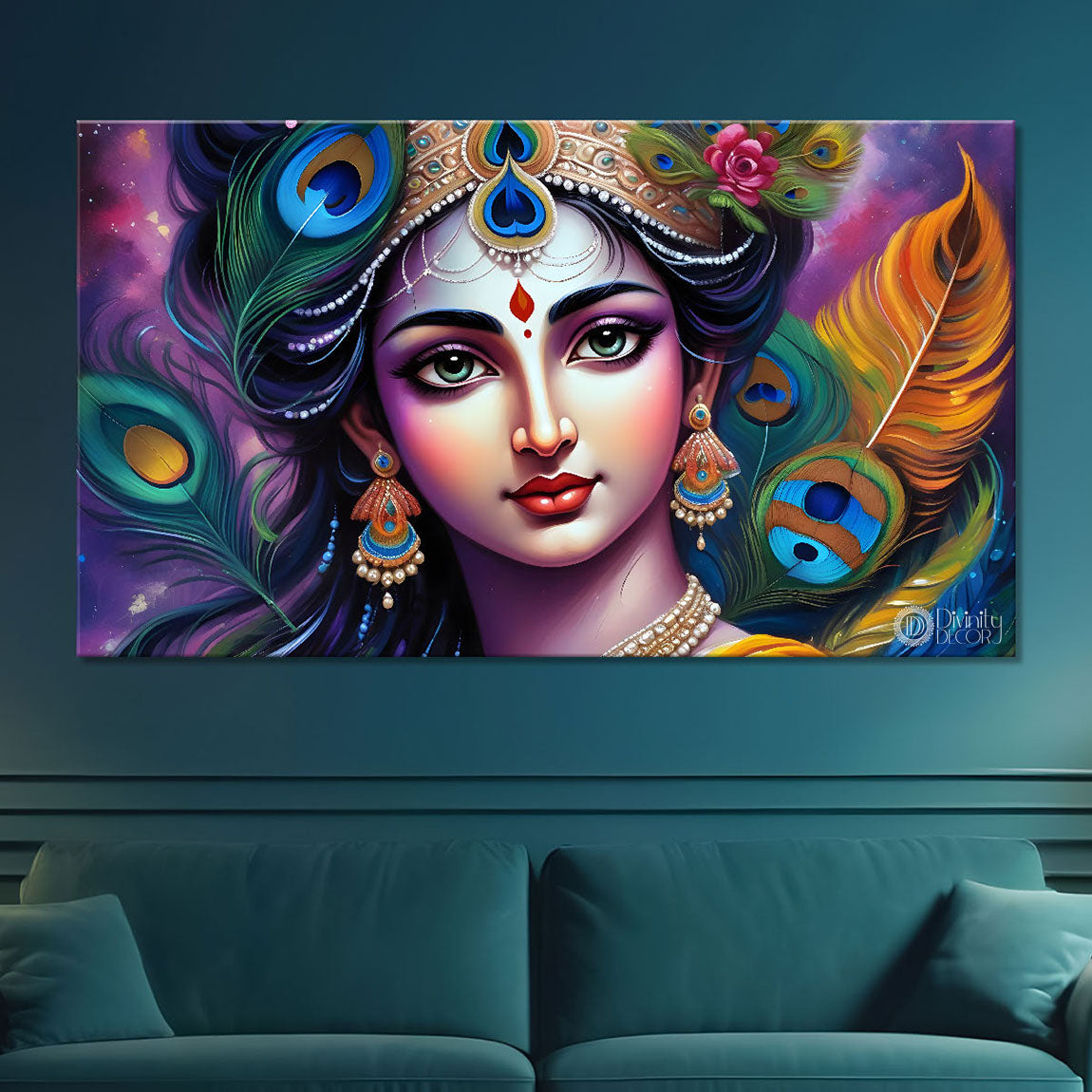 Krishna face with peacock feathers painting Canvas Painting - Design - Krishna-81