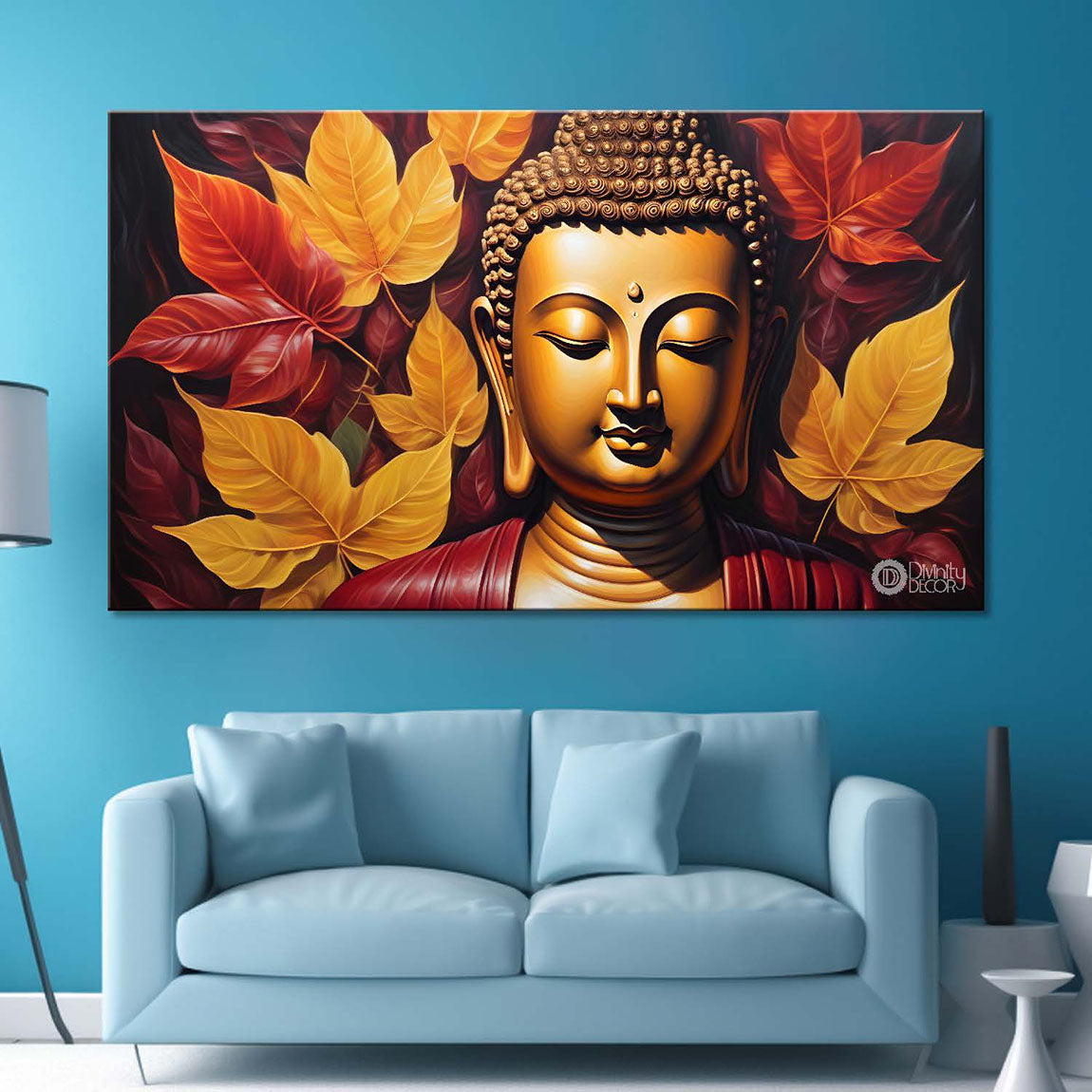 Golden buddha with yellow and red leaves Canvas Wall Painting - Buddha-81