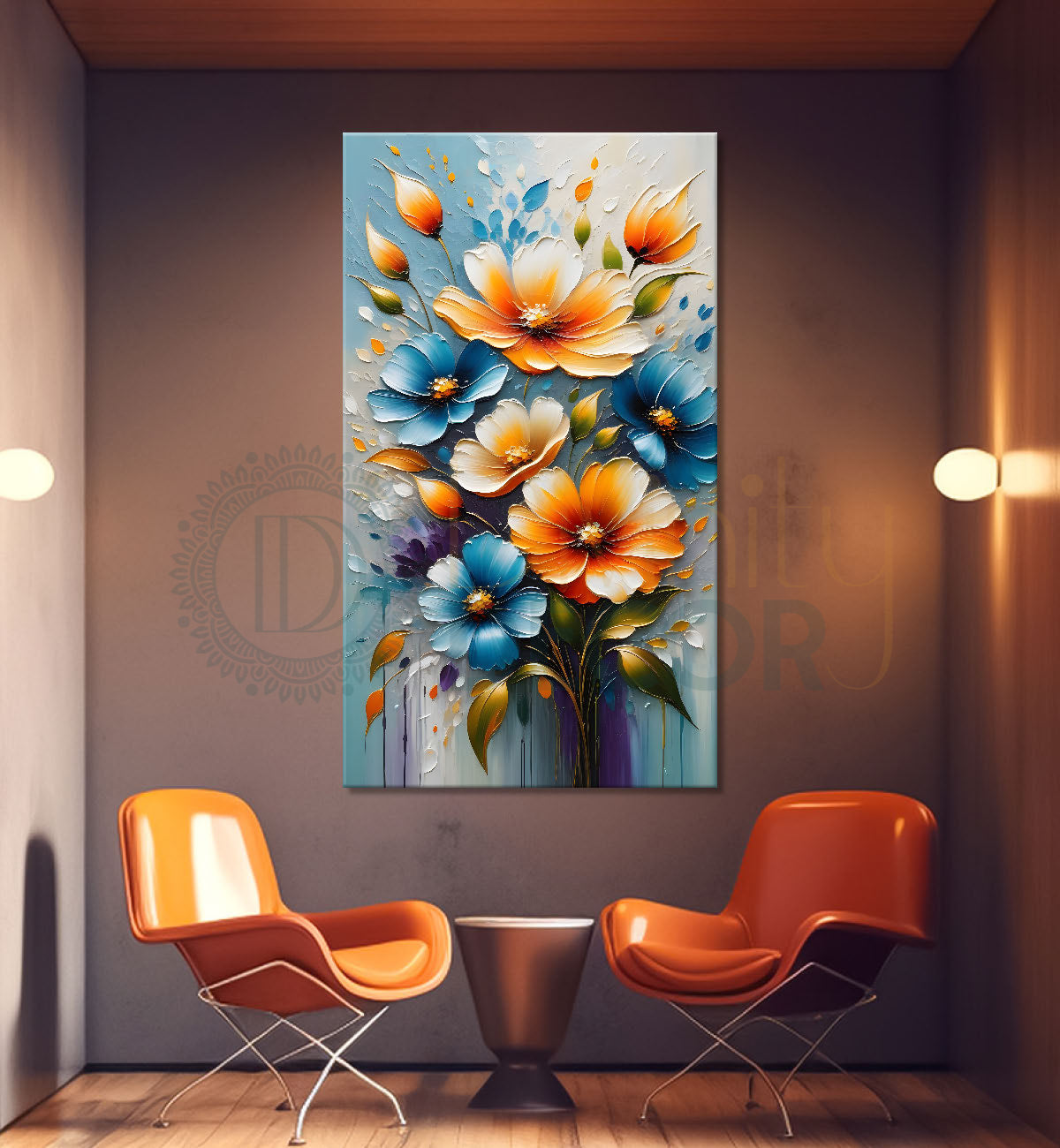 Orange and blue flowers in grey textured background painting - Flower-V-81