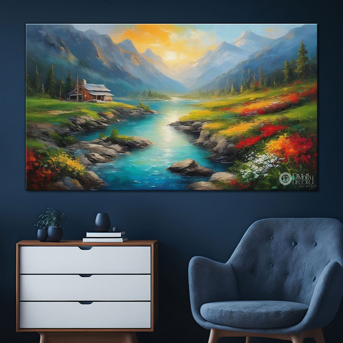 Mountains with greenery and flowers in textured scenery art Canvas Painting - Nature Art -81