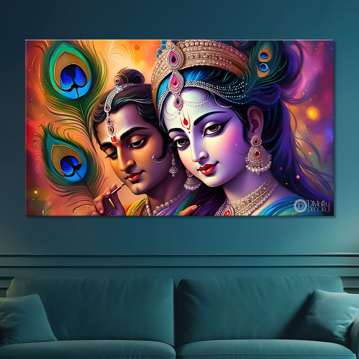 Radha Krishna with orange and peacock feather background Canvas Painting - Design - Krishna-82