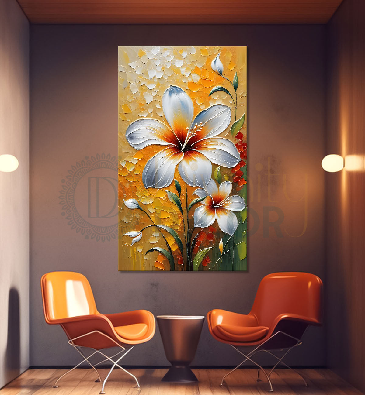 White flowers with yellow textured background painting - Flower-V-82