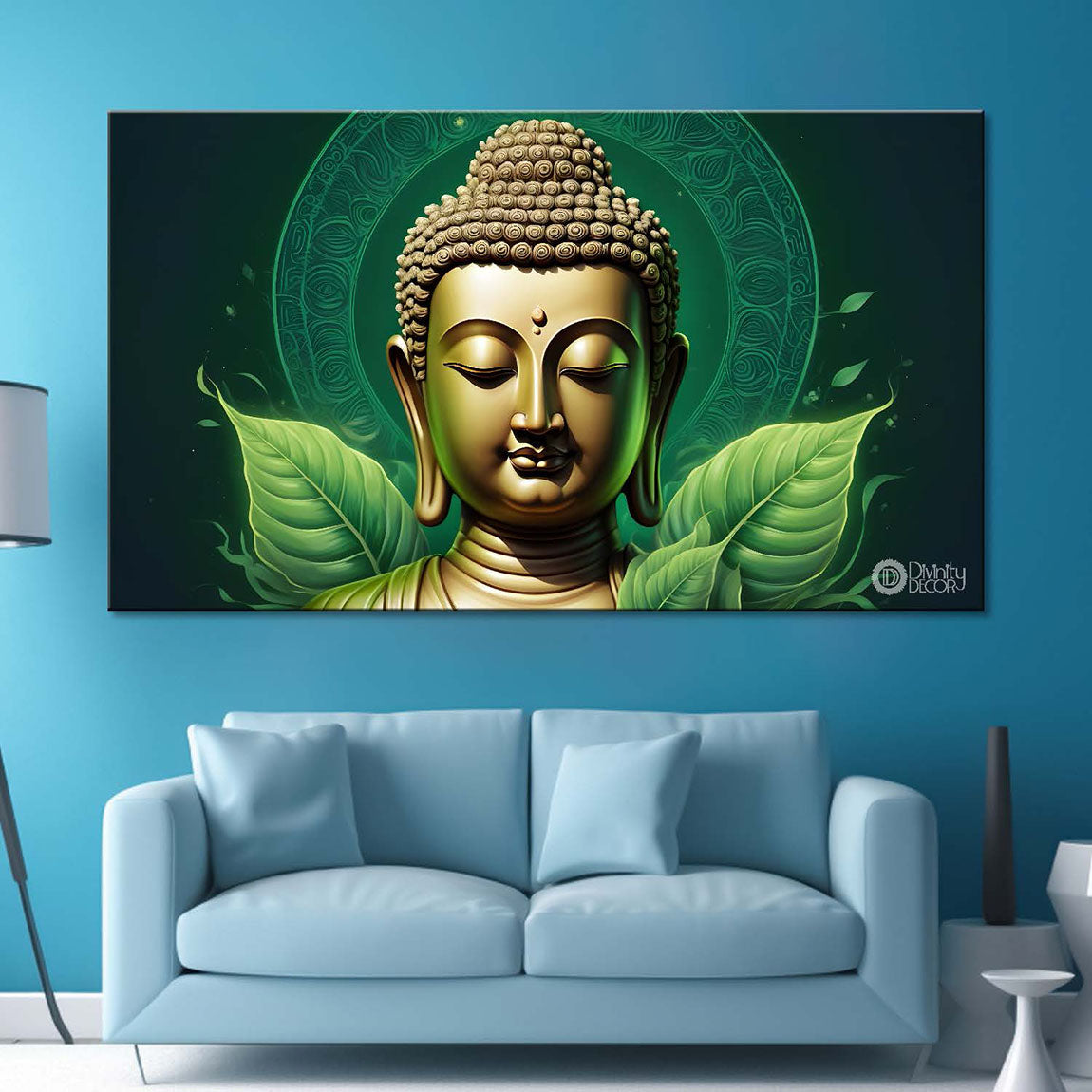 Golden buddha with green leaf background painting Canvas Wall Painting - Buddha-82