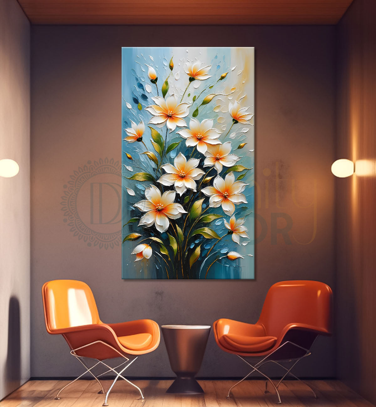 White flowers with blue textured background painting - Flower-V-83