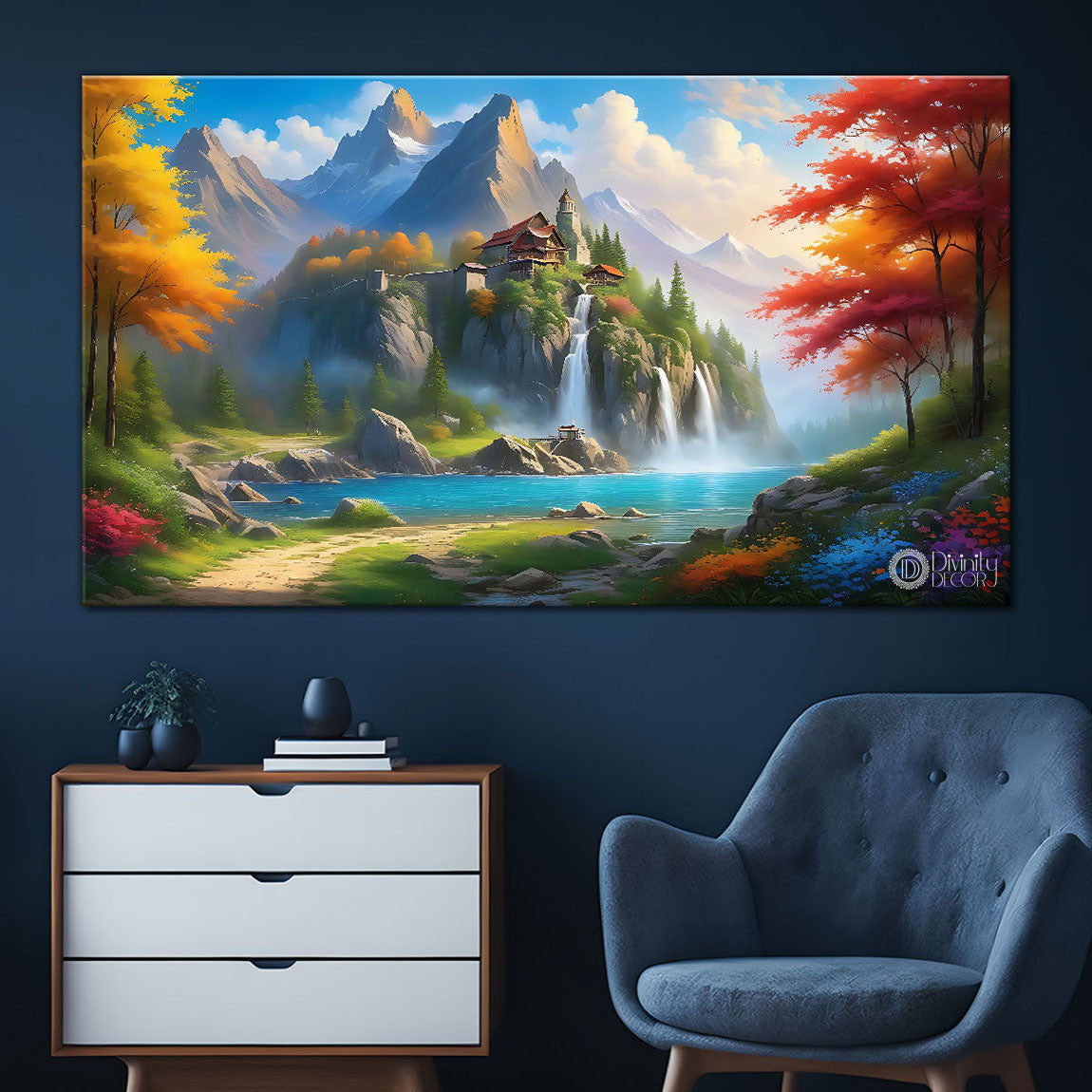 Mountains with colorful trees in textured art Canvas Painting - Nature Art -83