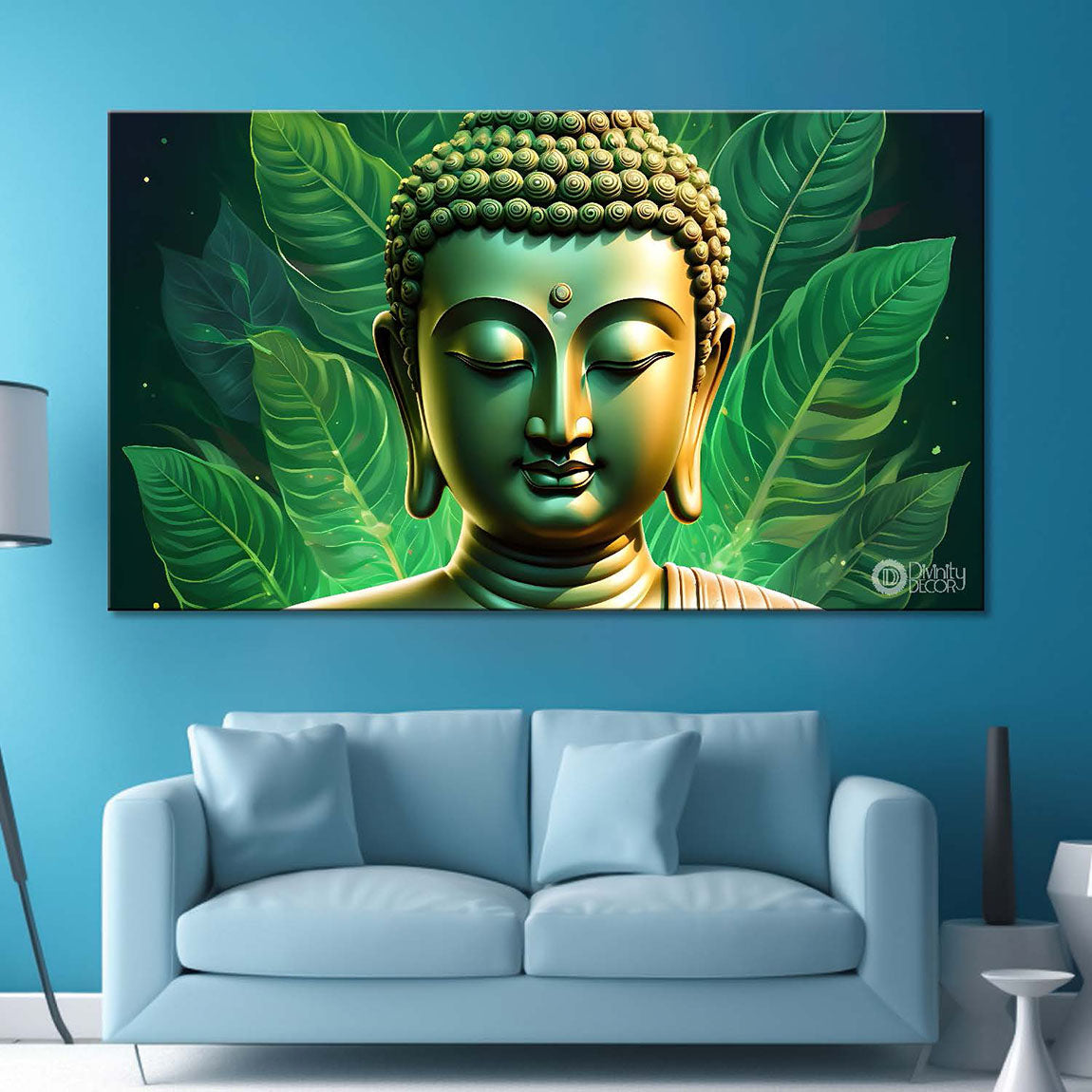 Golden buddha with green leaf background painting Canvas Wall Painting - Buddha-83