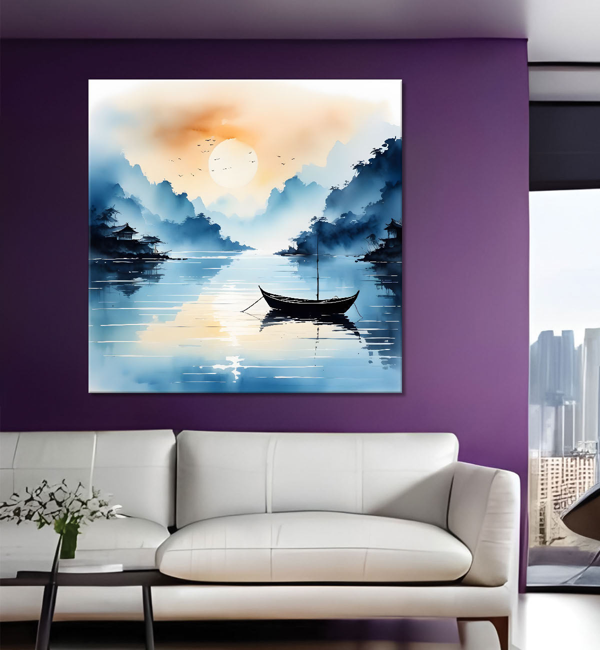 Mountains and the river with tree water colour painting 24X24- Nature Art -S-83