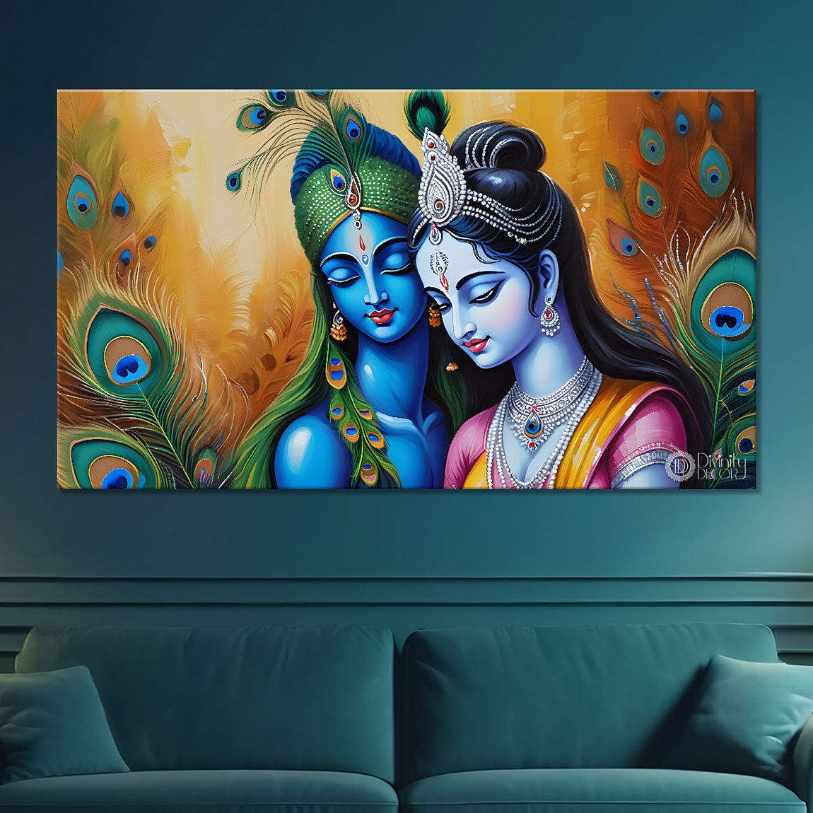 Radha and Krishna with yellow and peacock feather background Canvas Painting - Design - Krishna-84