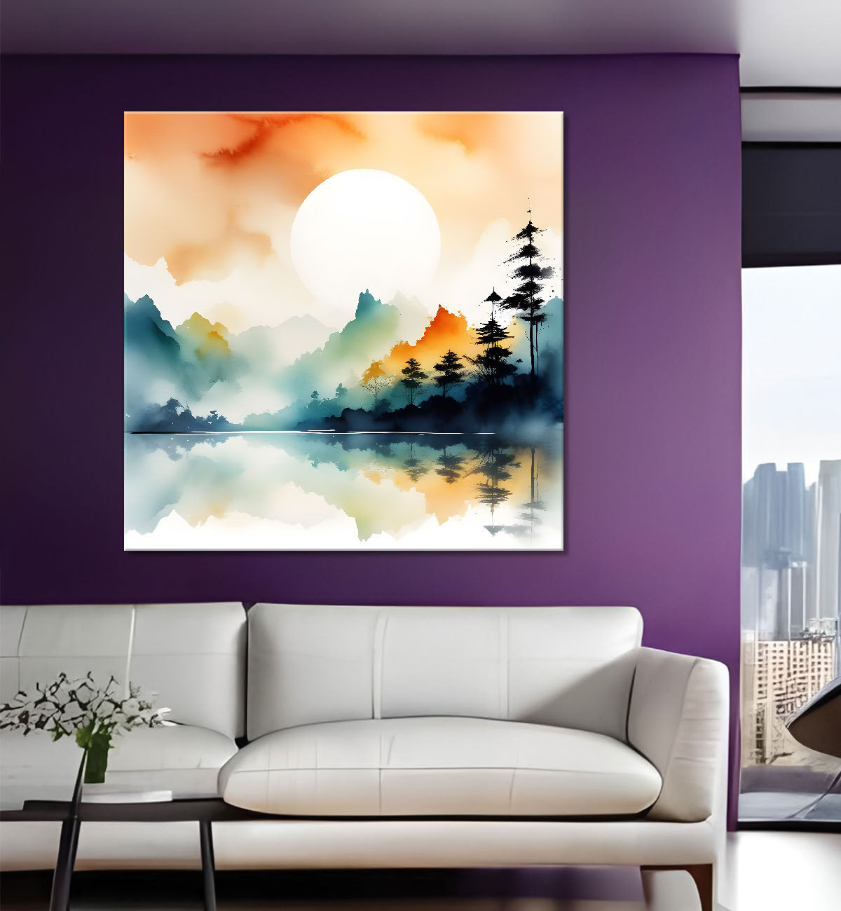 Mountains with sun and trees water colour painting 24X24 - Nature Art -S-84