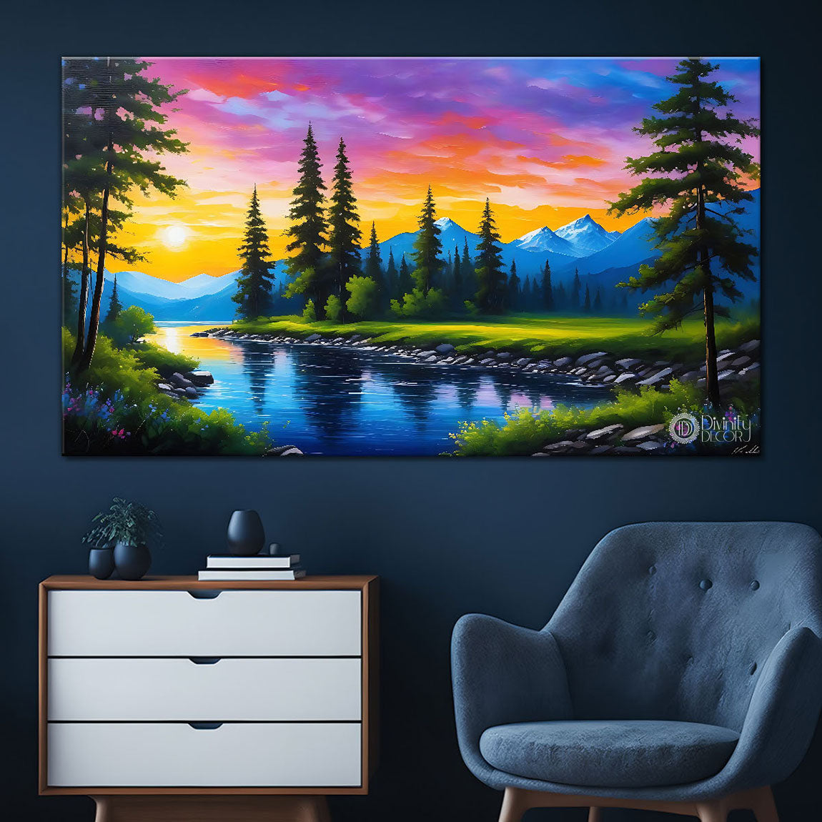 Mountains with trees and pink sky in textured landscape scenery Canvas Painting - Nature Art -84