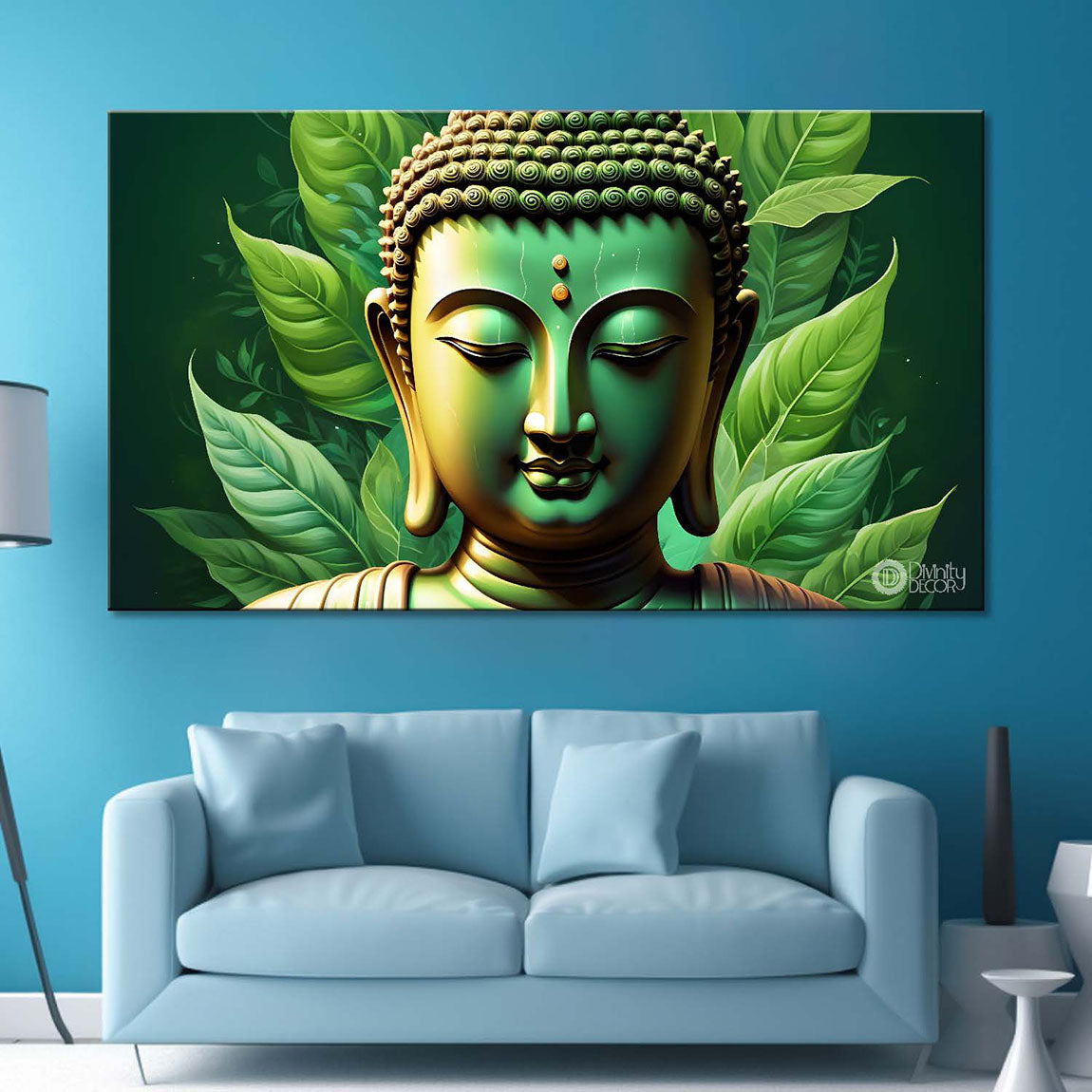 Golden buddha with green leaf background painting Canvas Wall Painting - Buddha-84