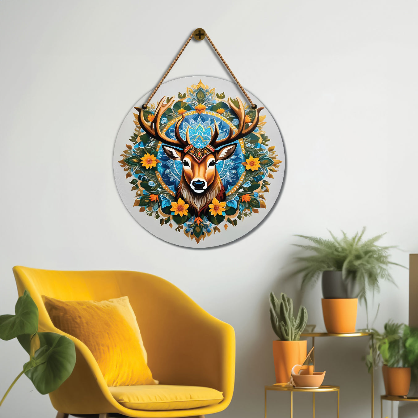 Deer in floral mandala Round Wooden Wall Hanging for wall Décor - Design - 84
