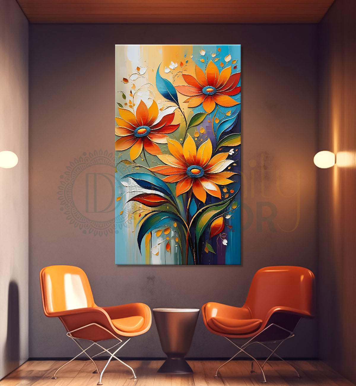 Orange flowers in grey textured background painting - Flower-V-84