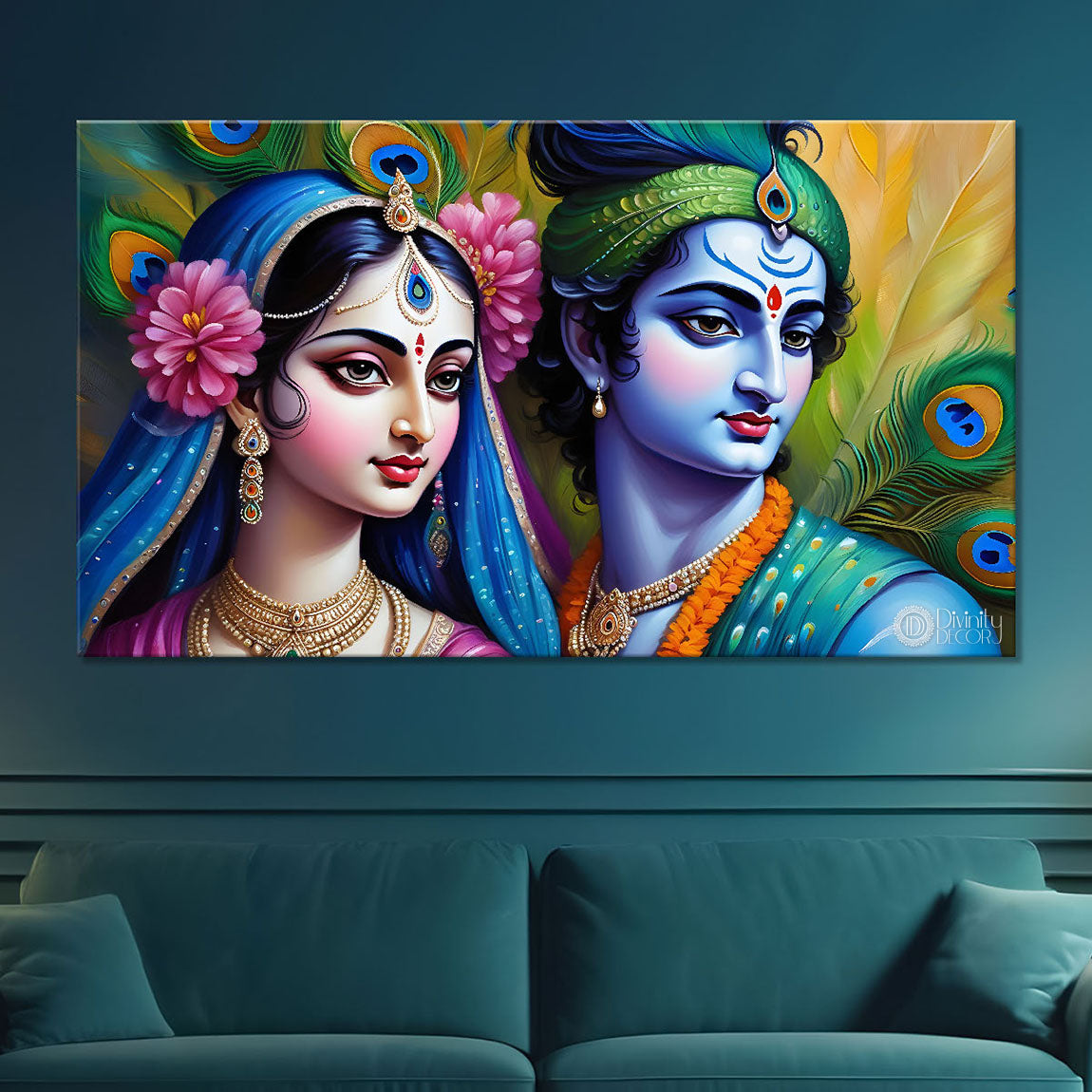 Radha and Krishna in light green background Canvas Painting - Design - Krishna-85