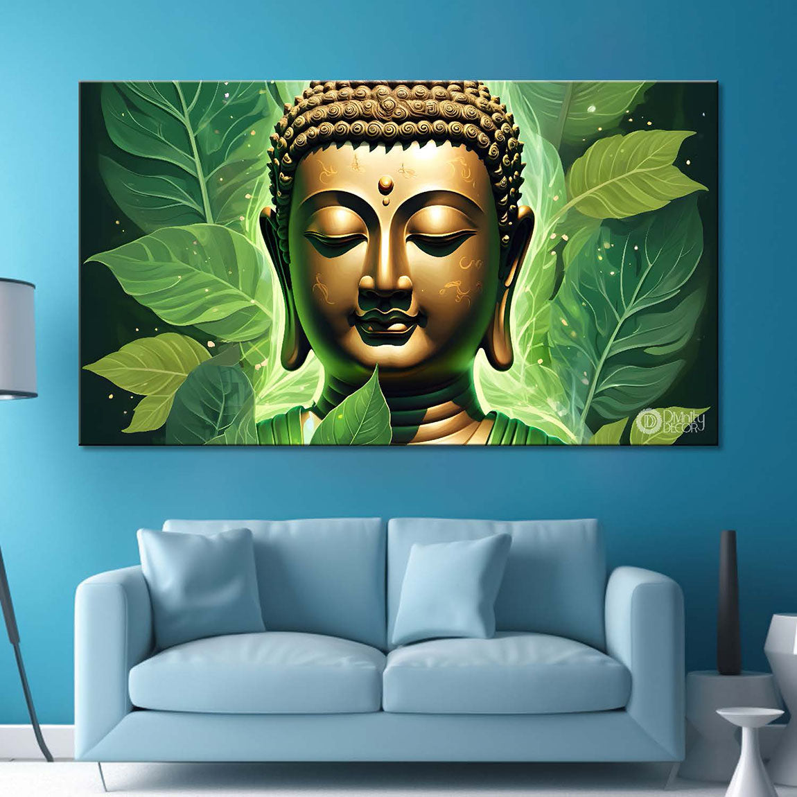 Golden buddha with green leaf background painting Canvas Wall Painting - Buddha-85
