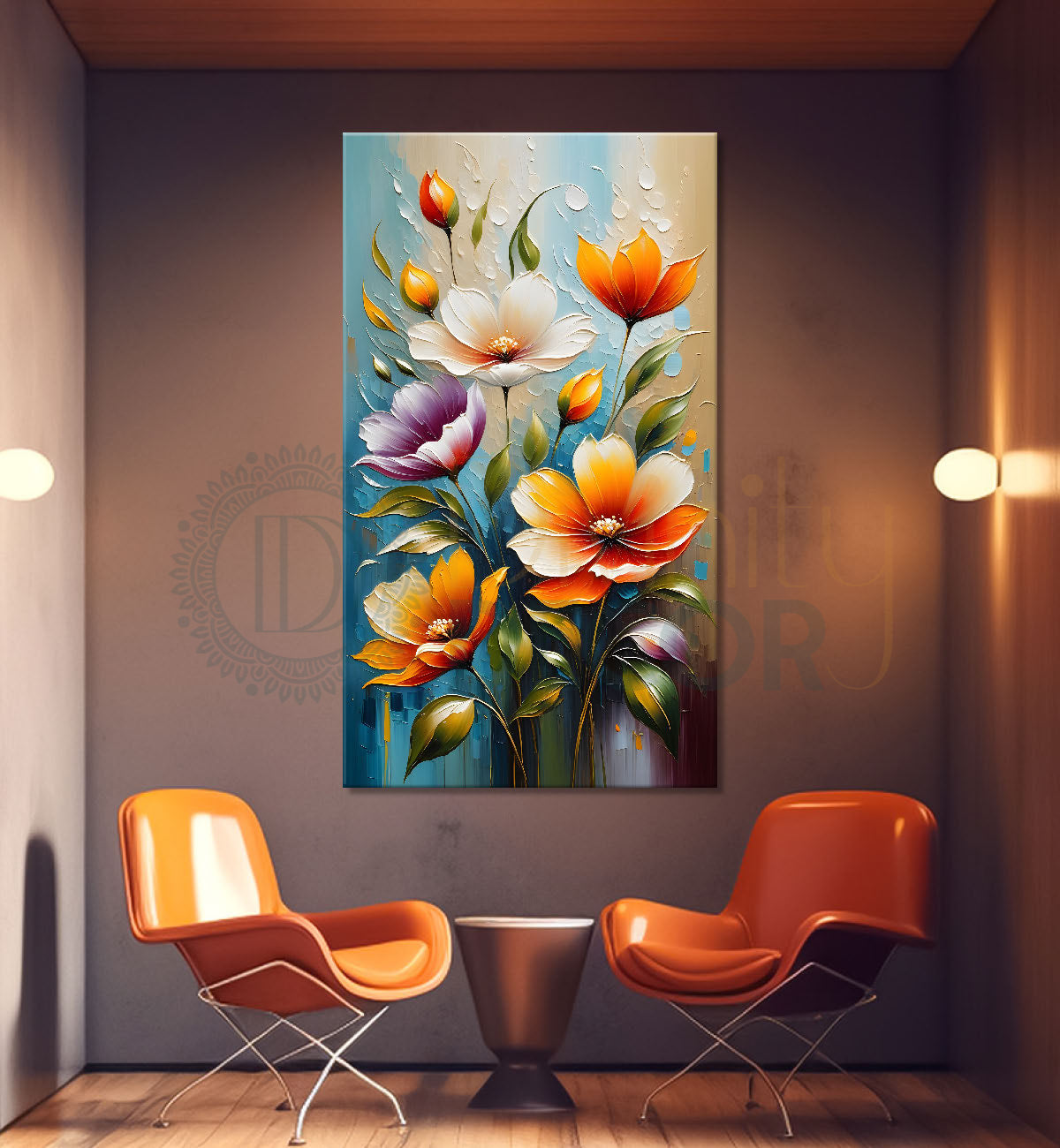 Colourful flowers in light blue textured painting - Flower-V-85