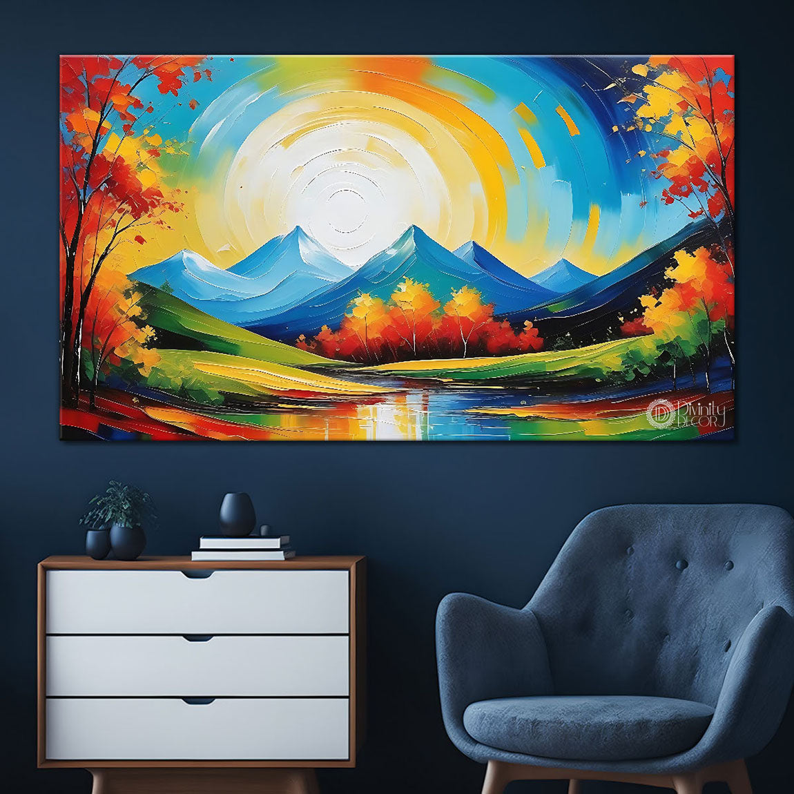 Mountains with orange trees and lake in textured natural art Canvas Painting - Nature Art -85