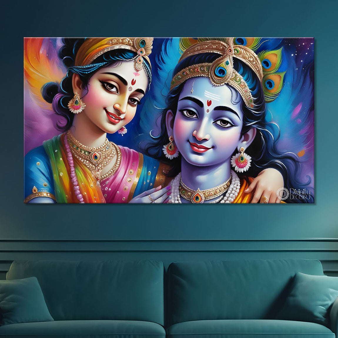 Radha and Krishna in light blue background Canvas Painting - Design - Krishna-86