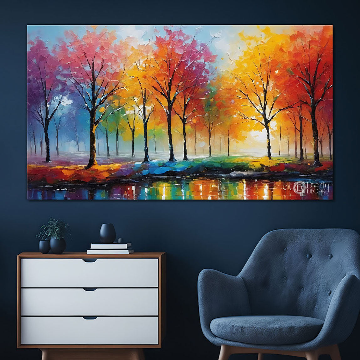 Colorful trees in textured water color painting Canvas Painting - Nature Art -86