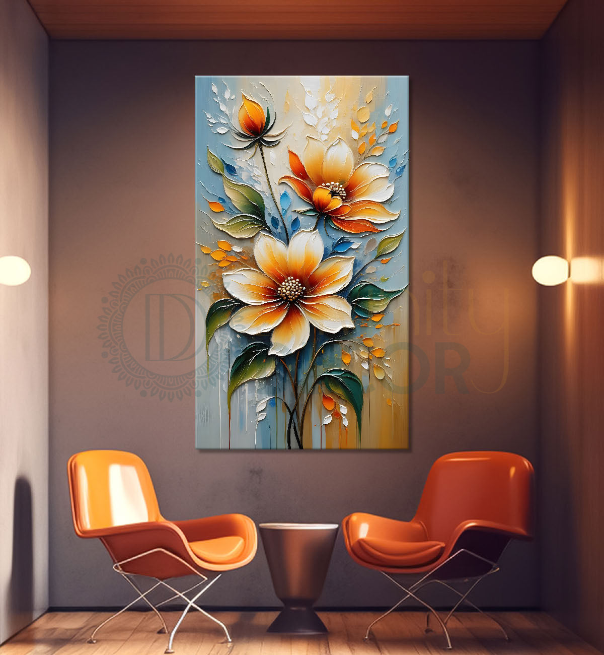 Orange flowers in light grey textured painting - Flower-V-86