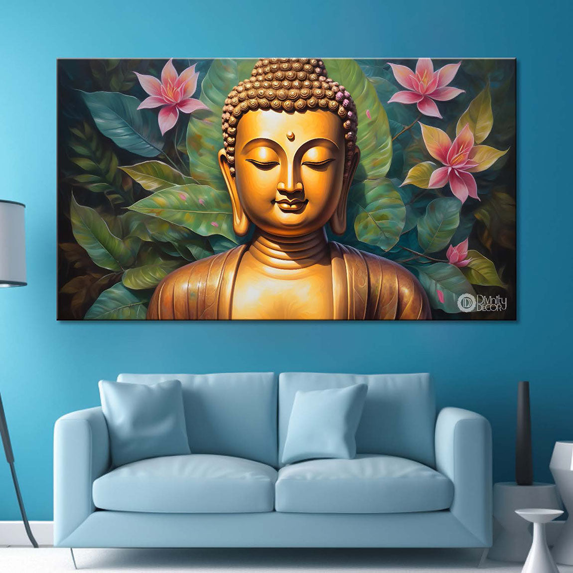 Golden buddha with lotus textured painting Canvas Wall Painting - Buddha-86