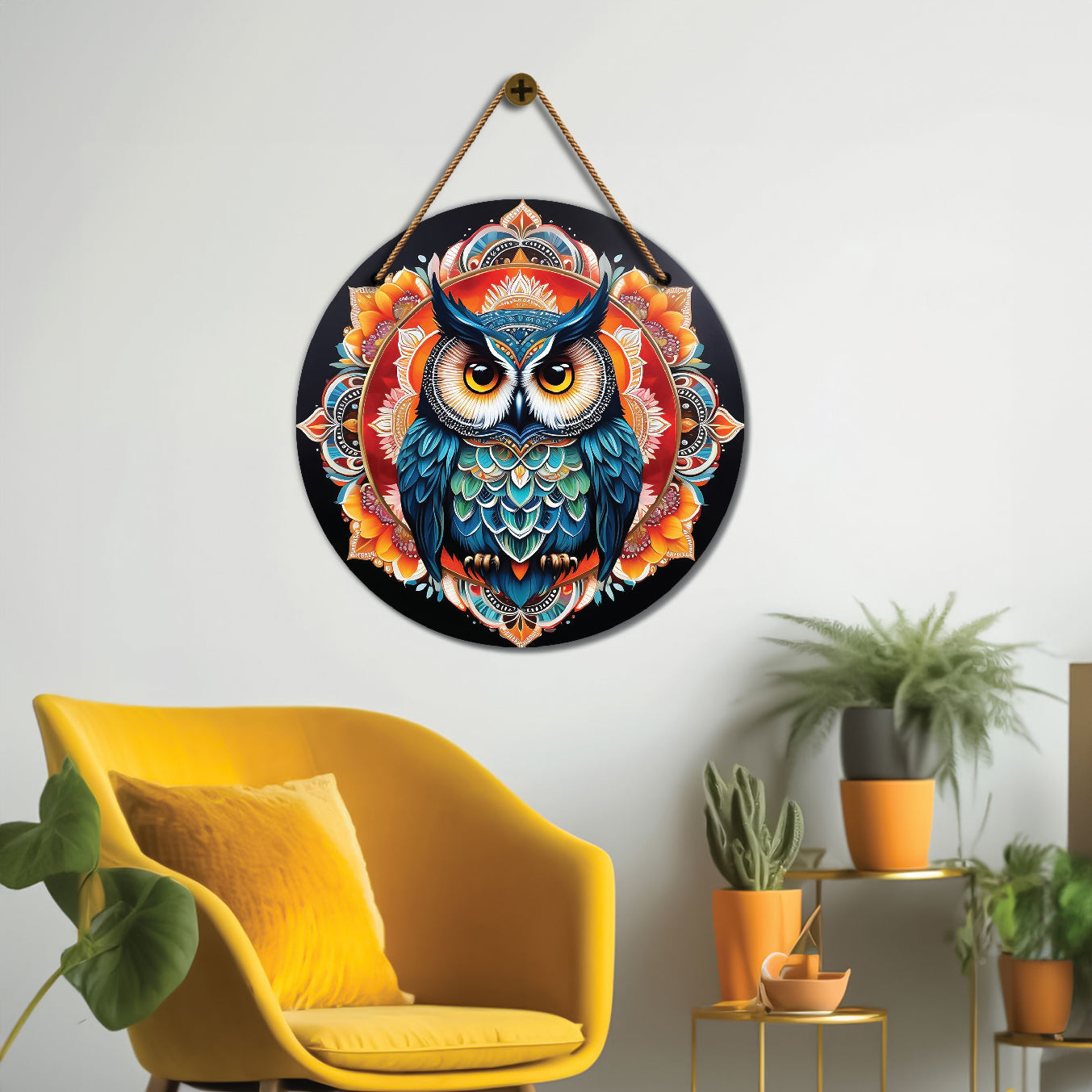 Owl in red and black mandala Round Wooden Wall Hanging for wall Décor - Design - 87